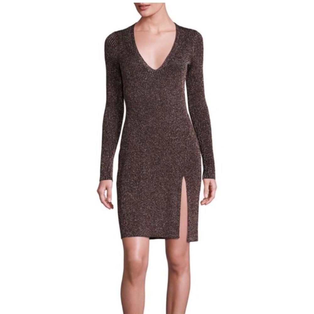 BCBG Metallic Vneck Slit Dress XS